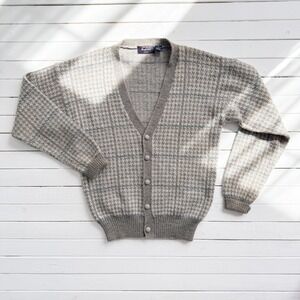 Pacific‎ Club 80s vtg taupe cream houndstooth plaid wool cardigan size M